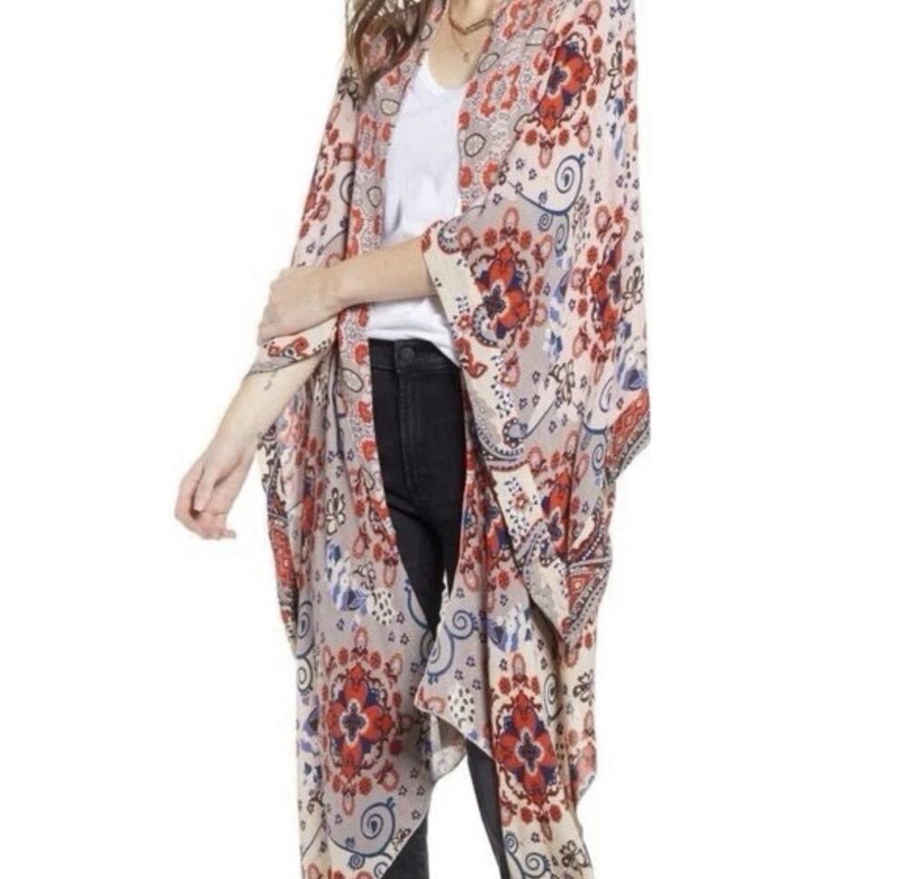 Free People Little Wing Mix Print Kimono Womens OS Multi Color Boho Cutout Back